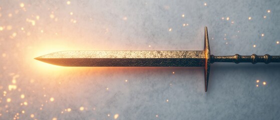 A glowing sword with ornate details, set against a mystical background filled with sparkling light.
