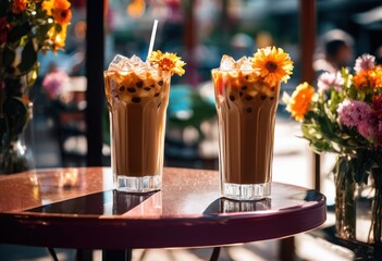 Naklejka premium refreshing iced coffee served vibrant lifestyle setting colorful background inviting accessories, cold, brew, drink, summer, beverage, decor, atmosphere