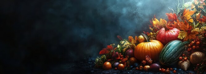 Fototapeta premium Harvest-themed background with pumpkins and autumn vegetables