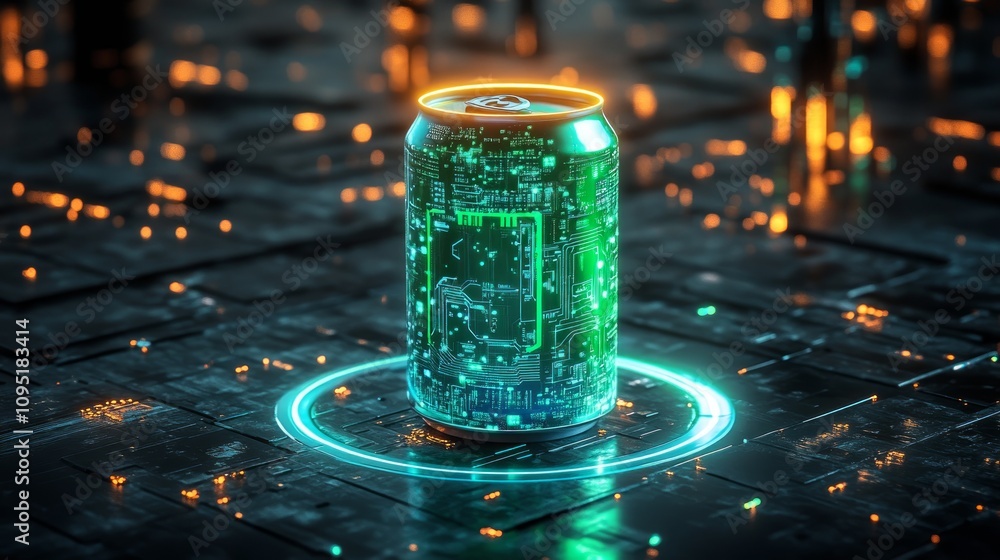 Poster futuristic beverage can with glowing circuit design on dark background.