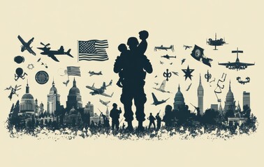 Obraz premium Silhouette of soldier carrying child with American flag background
