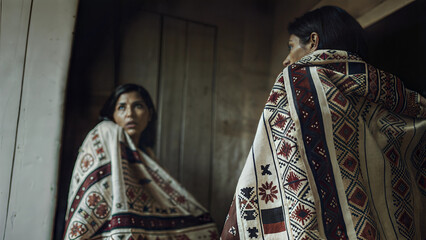 Fototapeta premium Woman wrapped in a patterned blanket looking in a mirror