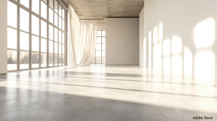 Naklejka premium A spacious, sunlit interior with large windows and minimalistic design.