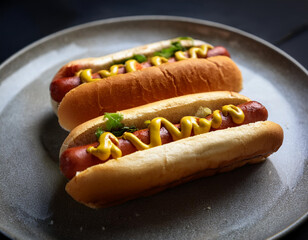 Close-up shot of hot dogs with mustard and relish served on a ceramic plate