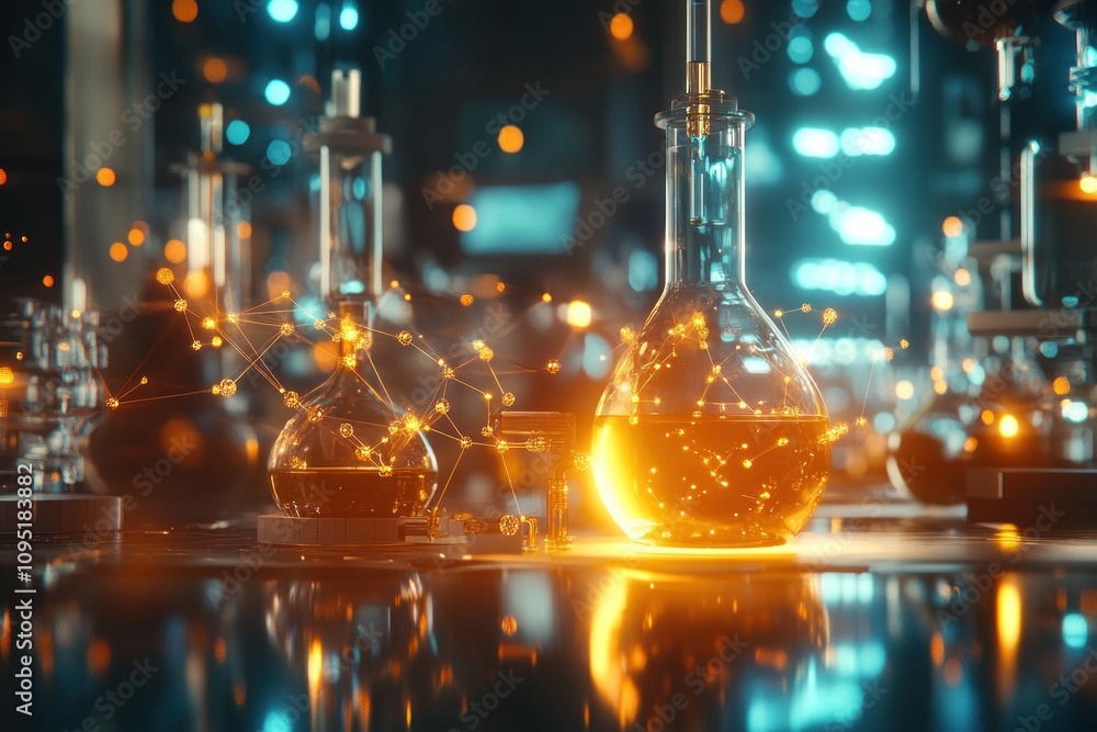 Poster glowing amber liquid in glass flask on lab table with bokeh background.