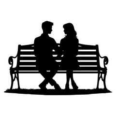 Couple sitting closely on a park bench vector on white background.