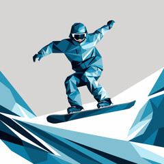 Obraz premium Abstract low-poly snowboarder performing tricks in a thrilling winter sports action scene
