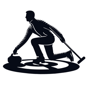 recommend clip art: Silhouette of a curling player sliding a stone on the ice in an action pose
