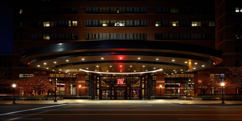 Fototapeta premium A stunning night view of a modern hotel entrance with circular architecture, elegant lighting, and autumn trees, inviting guests with warmth and sophistication