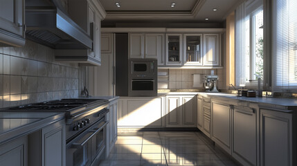 Fototapeta premium A kitchen with a stove, oven, microwave, and sink