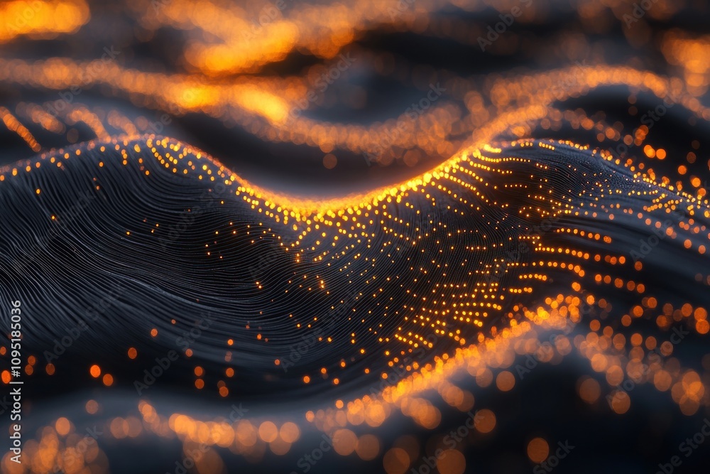 Poster abstract glowing orange particles flowing over a dark surface, creating a wave-like pattern.