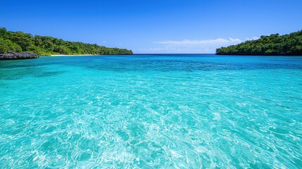 Fototapeta premium Idyllic Tropical Island Beach Turquoise Water Lush Greenery Panoramic View