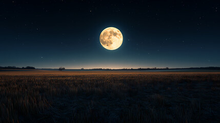 Fototapeta premium Full moon rising over the horizon in a rural field. Aurora Skylight Horizon. Illustration