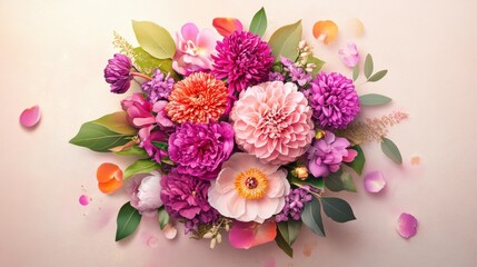 Obraz premium A vibrant bouquet showcases an array of flowers in shades of purple, pink, and cream. The delicate petals create a stunning display, illuminated by gentle light, enhancing the colors.