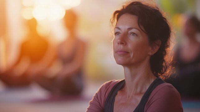 Portrait of a middle-aged woman in yoga class with blurred background and warm sunlight