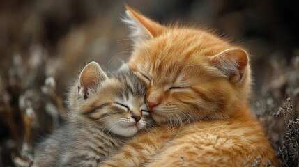 Fototapeta premium A heartwarming image capturing a tender moment between two sleeping kittens, with one ginger and one tabby, nestled together in a peaceful embrace amidst a blurred background