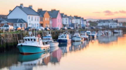 Golden Sunset Harbor Boats Buildings Calm Waters Coastal Town