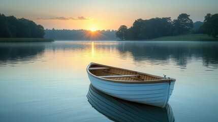 Serene Sunrise Lake Rowboat Peaceful Dawn Landscape Photography