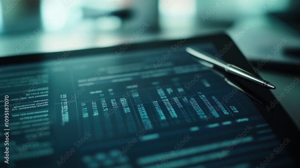 Poster Close-up of a Tablet Screen Displaying Data with a Pen Lying on Top