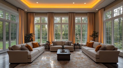 Fototapeta premium A luxurious and inviting living room setup with elegant sofas, warm lighting, large windows showcasing a scenic outdoor view, and plush decorations enhances the chic, relaxing atmosphere