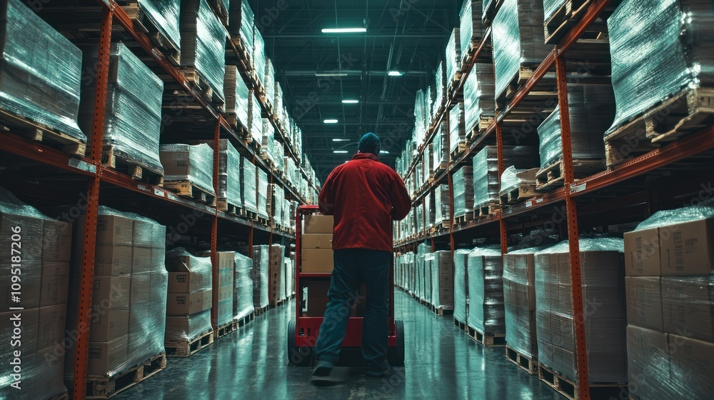 Poster warehouse worker pushing a cart through rows of palletized boxes
