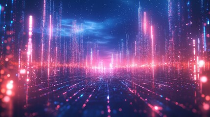 Naklejka premium Futuristic city landscape at night with glowing skyscrapers and vibrant lights.