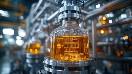 A high-tech industrial facility with focus on a transparent container filled with amber liquid, emphasizing precision manufacturing processes