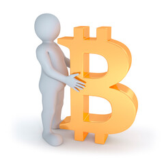 Character and golden bitcoin. Isolated on white background. Hold concept. 3D rendering.