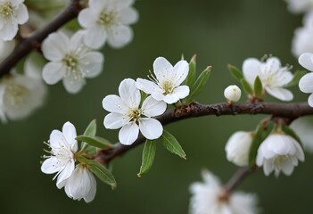 Obraz premium A close-up photo of a white flower blooming on a branch with a blurred background of fluffy branches and leaves.