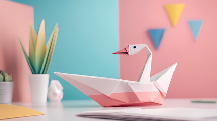 Origami boat made from crisp white paper, sitting on a minimalistic desk for creative or playful visuals. Colorful Origami Swans. Illustration