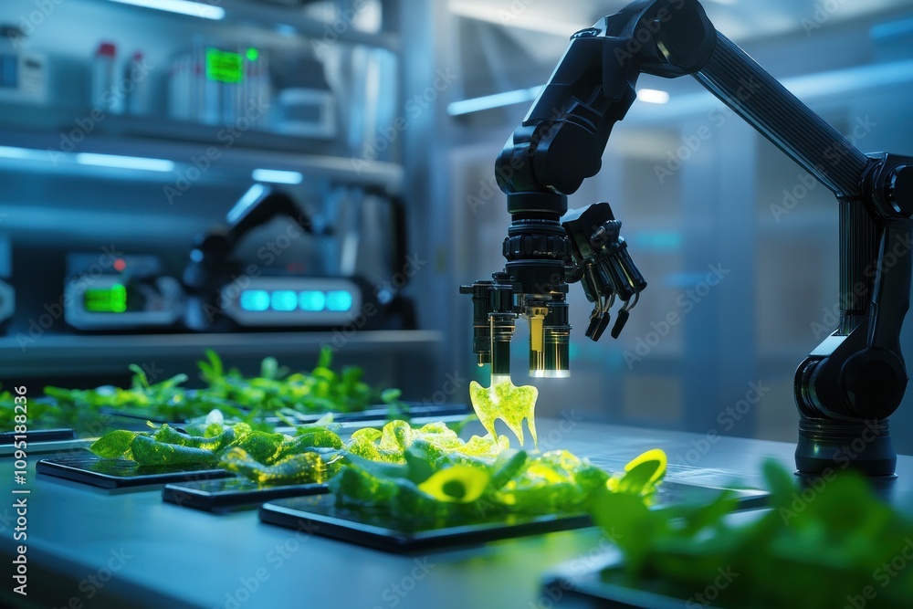 Aufkleber here's a caption and keywords for your stock image.. robotic arm inspecting plants in a futuristic l