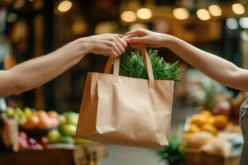 Shopkeeper giving grocery bag to customer at farmers market