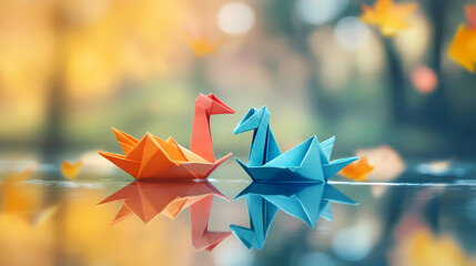 Colorful origami swan on a reflective surface with a blurred background. Colorful Origami Swans. Illustration