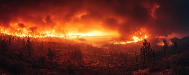Naklejka premium A dramatic, intense scene captures the overwhelming power and destruction of a raging wildfire sweeping through a densely wooded landscape at dusk