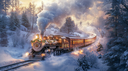 A magical Christmas train chugging through a snowy landscape, its windows glowing with warm light and decorated with festive garlands.
