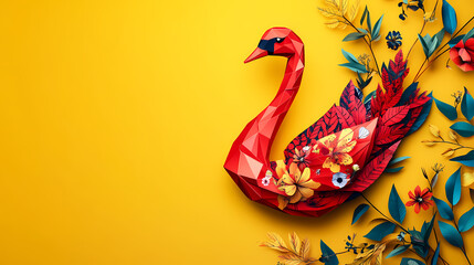 Obraz premium A red origami swan with floral design on yellow background. Colorful Origami Swans. Illustration