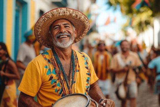 Brazilian musician playing samba music at carnival parade in pelourinho, salvador, bahia