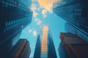 Steel & Glass City Upward View of Busy Street at Sunset