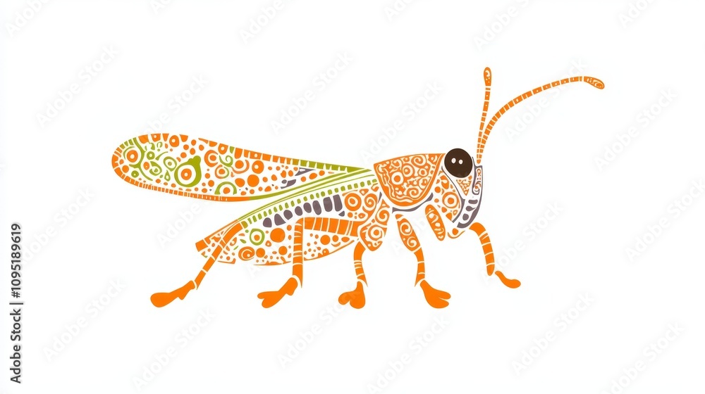 Poster abstract colorful grasshopper illustration with geometric patterns and artistic details, representin
