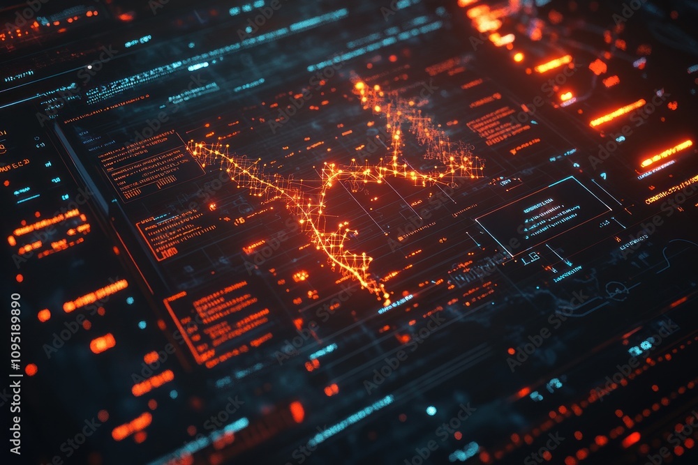Aufkleber abstract digital data visualization with glowing orange and blue lines forming a graph on a dark bac