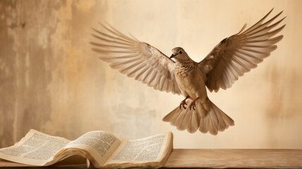 Obraz premium Winged dove symbolizing the holy spirit from the new testament with ample copy space