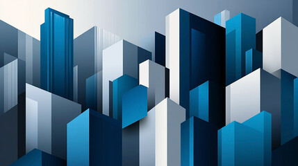 wide city facade with blue color different geometric shape buildings in white background and open sky 