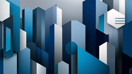 Obraz premium wide city facade with blue color different geometric shape buildings in white background and open sky 