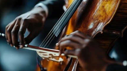 Close-up of a Hand Playing the Cello with a Bow