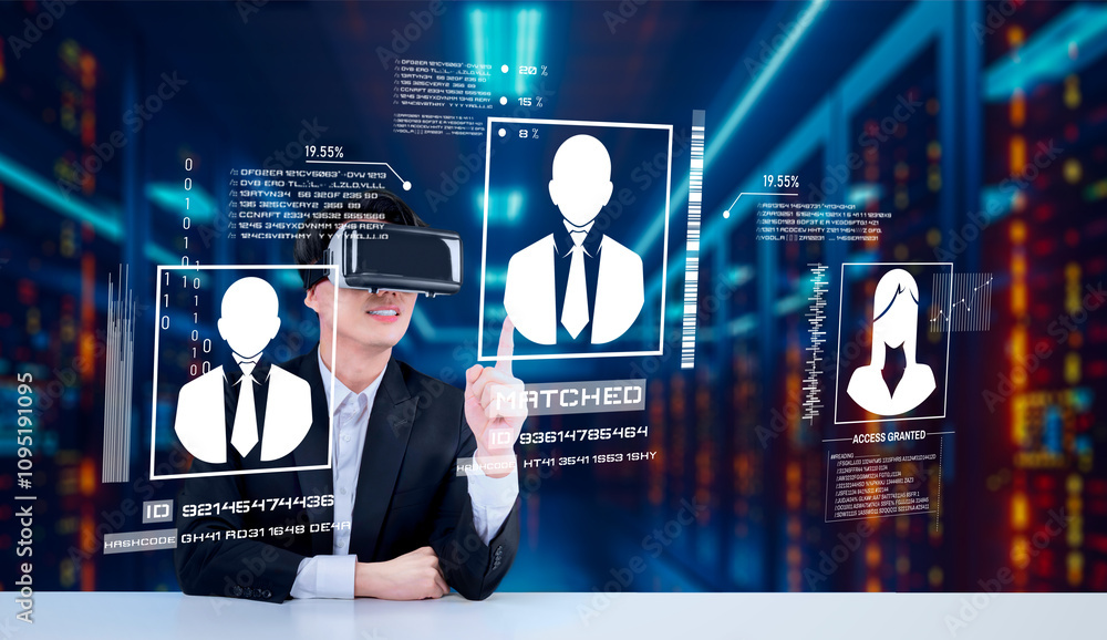 Poster businessman with goggles working while using security protection. manager with formal suit checking 
