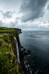 Aerial view of Isle of Skye with waterfall