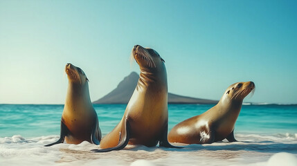 Fototapeta premium Group of Sea Lions Resting on a Sandy Beach.