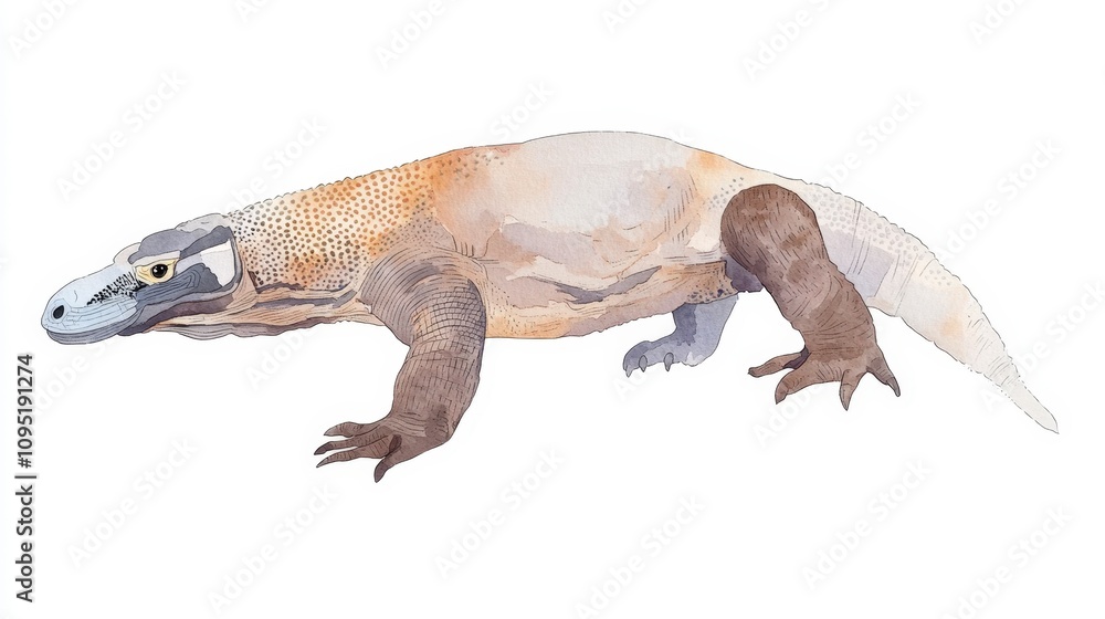 Poster detailed illustration of an ancient reptile-like creature depicting unique anatomical features and c