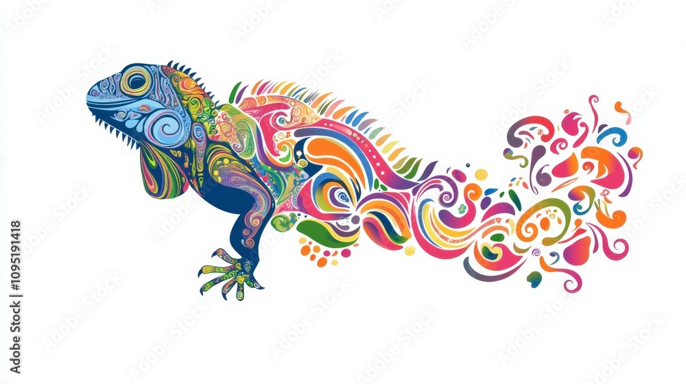 Poster colorful iguana illustration with abstract patterns and flowing design elements in vibrant hues for 