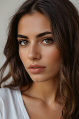Obraz premium Close-up beauty portrait of young woman with perfect makeup and glowing skin. Professional fashion photography showcasing natural beauty and elegant styling.